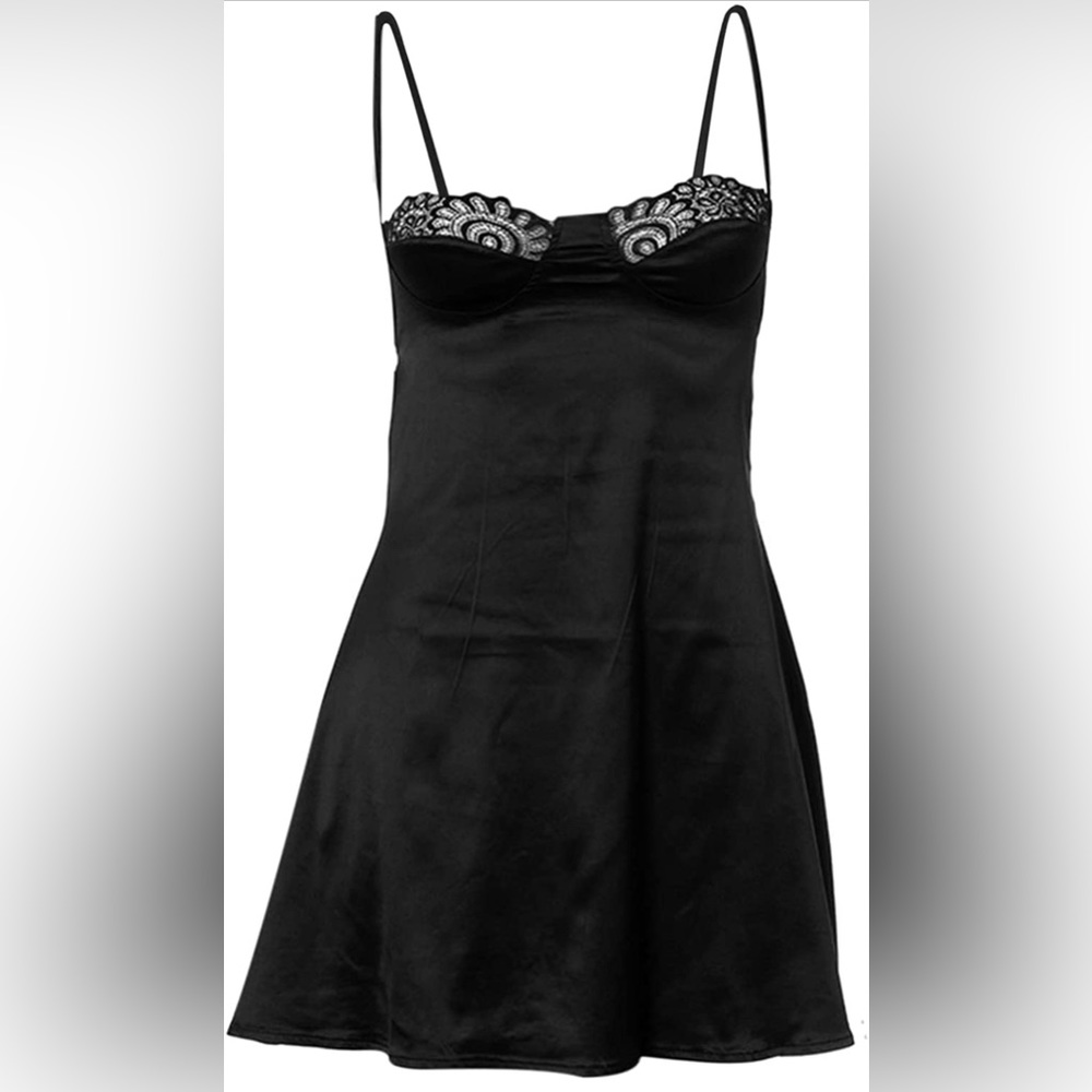 NWT (S) Black Satin Slip Dress Spaghetti Strap Mini Lace Satin Bustier Slip Y2K - Picture 4 of 7